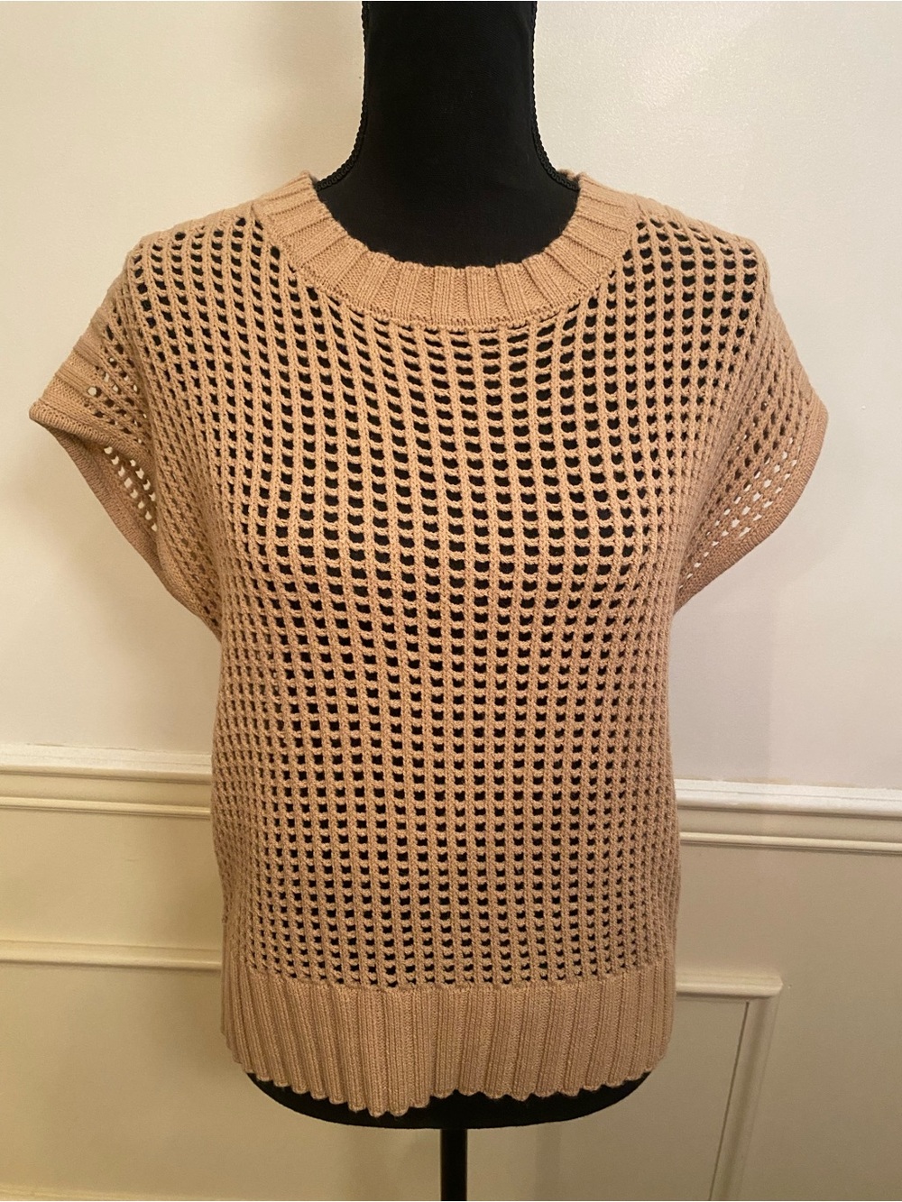 Open-Weave Short Sleeve Knit Top in Beige Layer